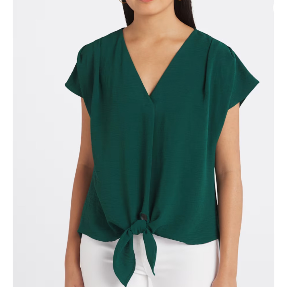 NWT Womens Beacon Apparel Large Tie Front Avianna Blouse Dark Green Lightweight